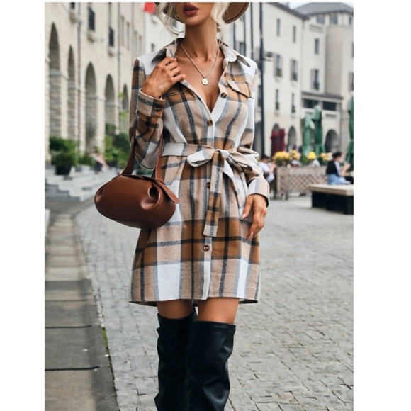 Plaid Long Sleeve Button Front Tie Belted Short Shirt Style Dress - Picture 5 of 10